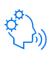 Blue icon of a head speaking with internal gears.