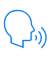 Blue line icon of a side profile head speaking.